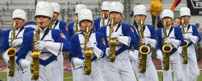 The Maui High School Saber Marching Band & Color Guard performs in the rain and cold Tuesday at Bandfest, a pre-Rose Parade event featuring every marching band that will appear in the New Year's Day Tournament of Roses in Pasadena, Calif. Photo by Walt Mancini, AP / Pasadena Star-News.