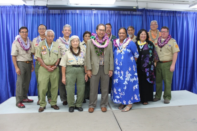 Past recipients of the Silver Beaver along with new recipients Hilton Unemori and Bonny Herbert. Front row : Ernest Okimoto, Emi Sakagawa, Hilton Unemori, Bonny Herbert, Marilyn Niwao Roberts, and Scott Neerings. Back row: Herb Yuen, Fred Wong, Brian Kakihara, Grayce Dean, Danny Hong, Mike Ito and Brian Hashiro. Courtesy photo.