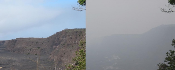 The rim of Kīlauea Volcano’s summit caldera, normally clear on trade-wind days (left), became nearly obscured by vog (right) on some non-trade wind days beginning in 2008, when sulfur dioxide emissions from the volcano’s summit increased to unusually high levels. USGS photos.