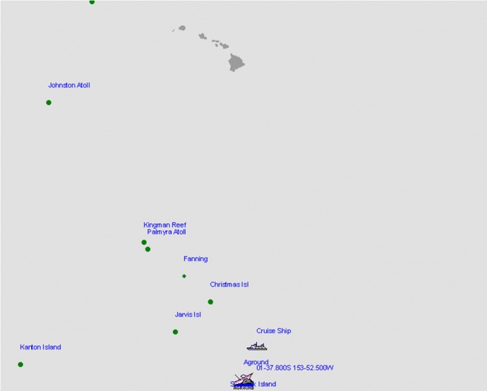 Two sailors are safe after their 37-foot sailing vessel sustained severe damage when it ran aground, stranding them on a small remote island near Malden Island, Kiribati. The men were en route to Tahiti from Lanai, Hawaii, when they ran aground on a coral reef in their vessel, Hina Nui. (U.S. Coast Guard graphic)