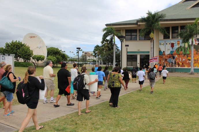 A group of students and faculty with the Hawaiian Studies department at the University of Hawaiʻi Maui College staged a Walk Out for Mauna Kea event on Monday, April 13, in opposition to the Thirty Meter Telescope project on the Big Island of Hawaiʻi. Photo by Wendy Osher.
