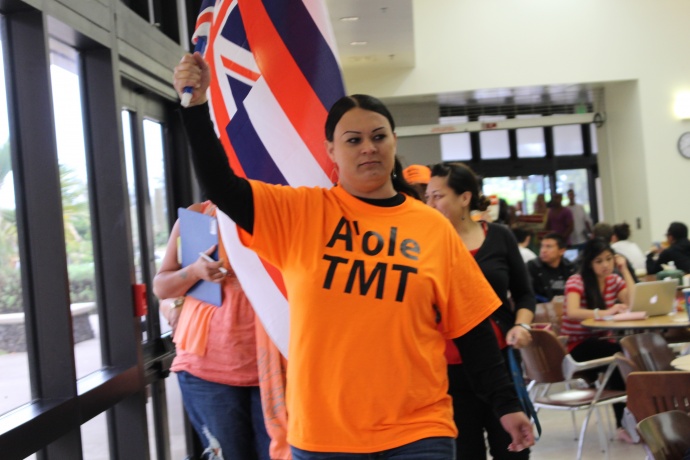 A group of students and faculty with the Hawaiian Studies department at the University of Hawaiʻi Maui College staged a Walk Out for Mauna Kea event on Monday, April 13, in opposition to the Thirty Meter Telescope project on the Big Island of Hawaiʻi. Photo by Wendy Osher.