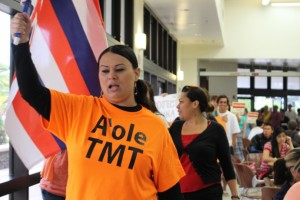 A group of students and faculty with the Hawaiian Studies department at the University of Hawaiʻi Maui College staged a Walk Out for Mauna Kea event on Monday, April 13, 2015, in opposition to the Thirty Meter Telescope project on the Big Island of Hawaiʻi. Photo by Wendy Osher.