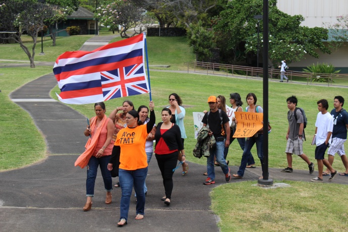 A group of students and faculty with the Hawaiian Studies department at the University of Hawaiʻi Maui College staged a Walk Out for Mauna Kea event on Monday, April 13, in opposition to the Thirty Meter Telescope project on the Big Island of Hawaiʻi. Photo by Wendy Osher.
