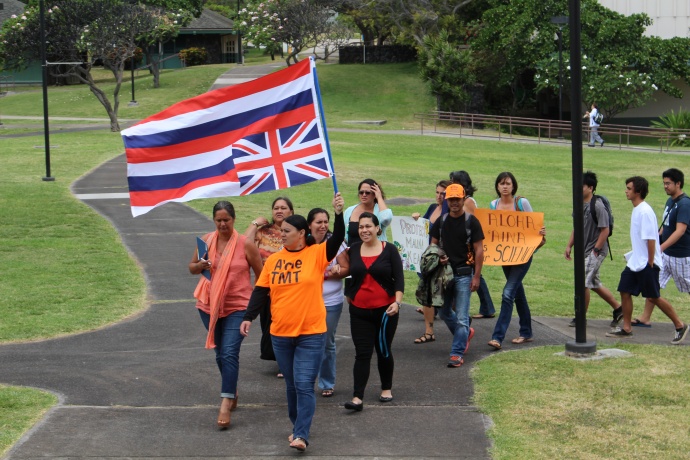 A group of students and faculty with the Hawaiian Studies department at the University of Hawaiʻi Maui College staged a Walk Out for Mauna Kea event on Monday, April 13, in opposition to the Thirty Meter Telescope project on the Big Island of Hawaiʻi. Photo by Wendy Osher.