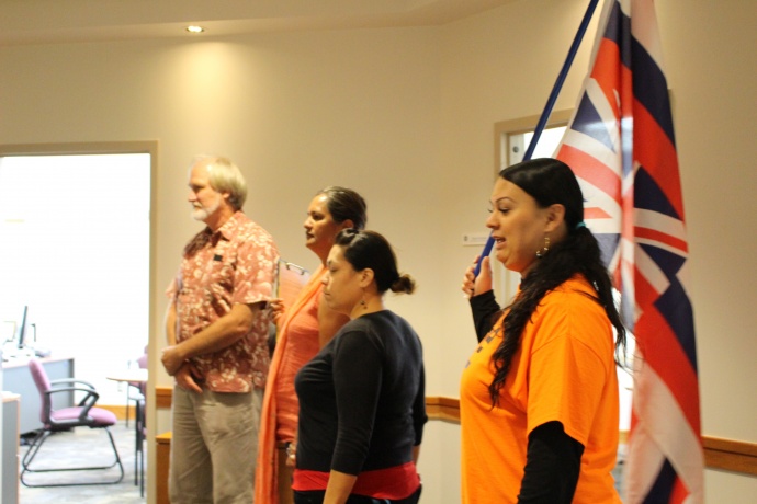 A group of students and faculty with the Hawaiian Studies department at the University of Hawaiʻi Maui College staged a Walk Out for Mauna Kea event on Monday, April 13, in opposition to the Thirty Meter Telescope project on the Big Island of Hawaiʻi. Photo by Wendy Osher.