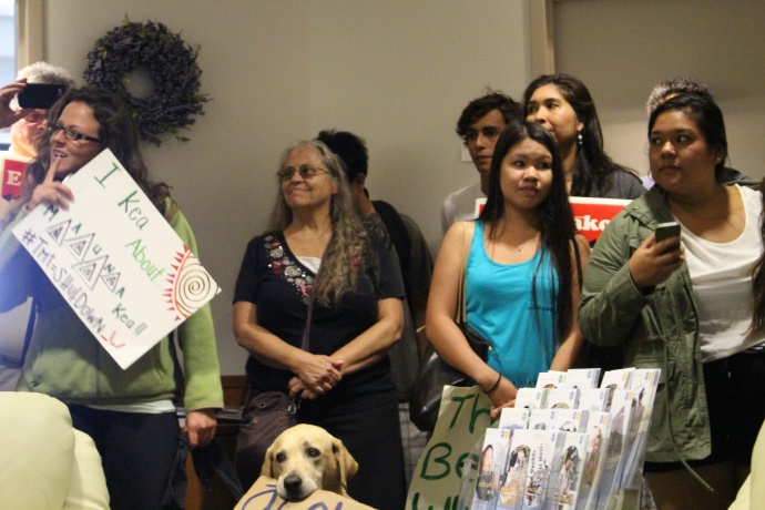 A group of students and faculty with the Hawaiian Studies department at the University of Hawaiʻi Maui College staged a Walk Out for Mauna Kea event on Monday, April 13, in opposition to the Thirty Meter Telescope project on the Big Island of Hawaiʻi. Photo by Wendy Osher.