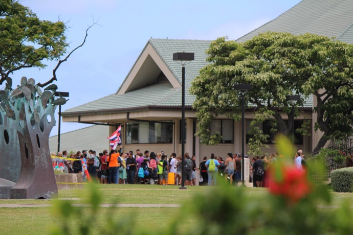 A group of students and faculty with the Hawaiian Studies department at the University of Hawaiʻi Maui College staged a Walk Out for Mauna Kea event on Monday, April 13, in opposition to the Thirty Meter Telescope project on the Big Island of Hawaiʻi. Photo by Wendy Osher.