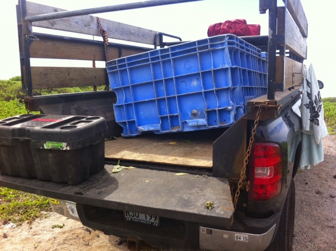 On Feb. 22, 2015 Hawaii Wildlife Fund Marine Debris volunteers picked up a 4' x 6’ blue bin that reads "YK 287" and Sanko Co Ltd. Confirmation is pending if it is tsunami debris. Photo courtesy Hawai'i Wildlife Fund.