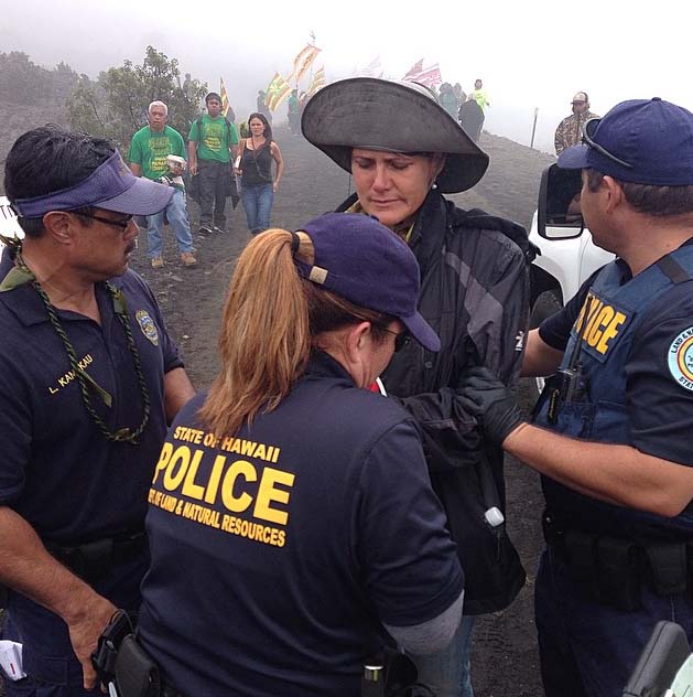 Demonstrations continued at Mauna Kea on Hawaiʻi Island today (6/24/15) with 11 more people arrested. Photo credit: Te Rawhitiroa