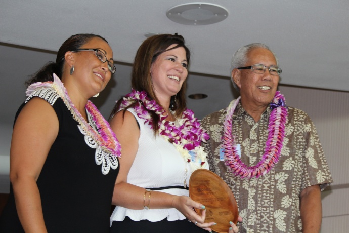 Deanna Davis, recipient of the Norman Ahakuelo award, Co-Volunteer of the Year Award, and Outgoing Board Member award for her six years of outstanding impact on the organization. The awards were issued at the 46th Annual MUW Meeting and Recognition Luncheon. Photo by Wendy Osher. (July 2, 2015)