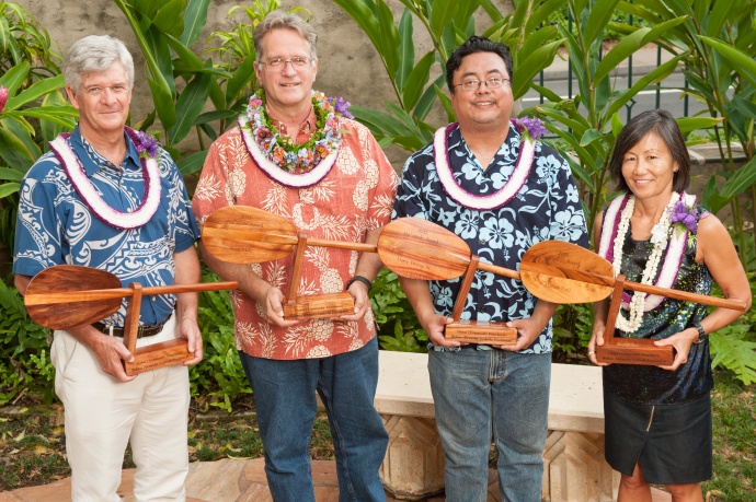 (L to R): Richard Taaffe, President and CEO West Hawai‘i Community Health Center, Kepa Maly, Executive Director of Lāna‘i Culture and Heritage Center, Harry Wong III, Artistic Director at Kumu Kahua Theater, Marian Tsuji, President and CEO, Lanakila Pacific.