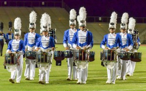 The drums team of Maui High's award-winning band during Friday's halftime presentation at War Memorial Stadium. Photo by Rodney S. Yap.