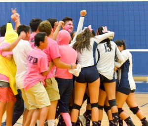 Kamehameha Maui girls volleyball team celebrates after beating King Kekaulike in four sets Friday. Photo by Rodney S. Yap.
