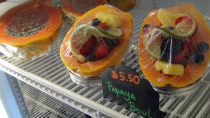 Fresh papaya and berries in the grab-and-go cooler at Nalu's South Shore Grill. Photo by Kiaora Bohlool.