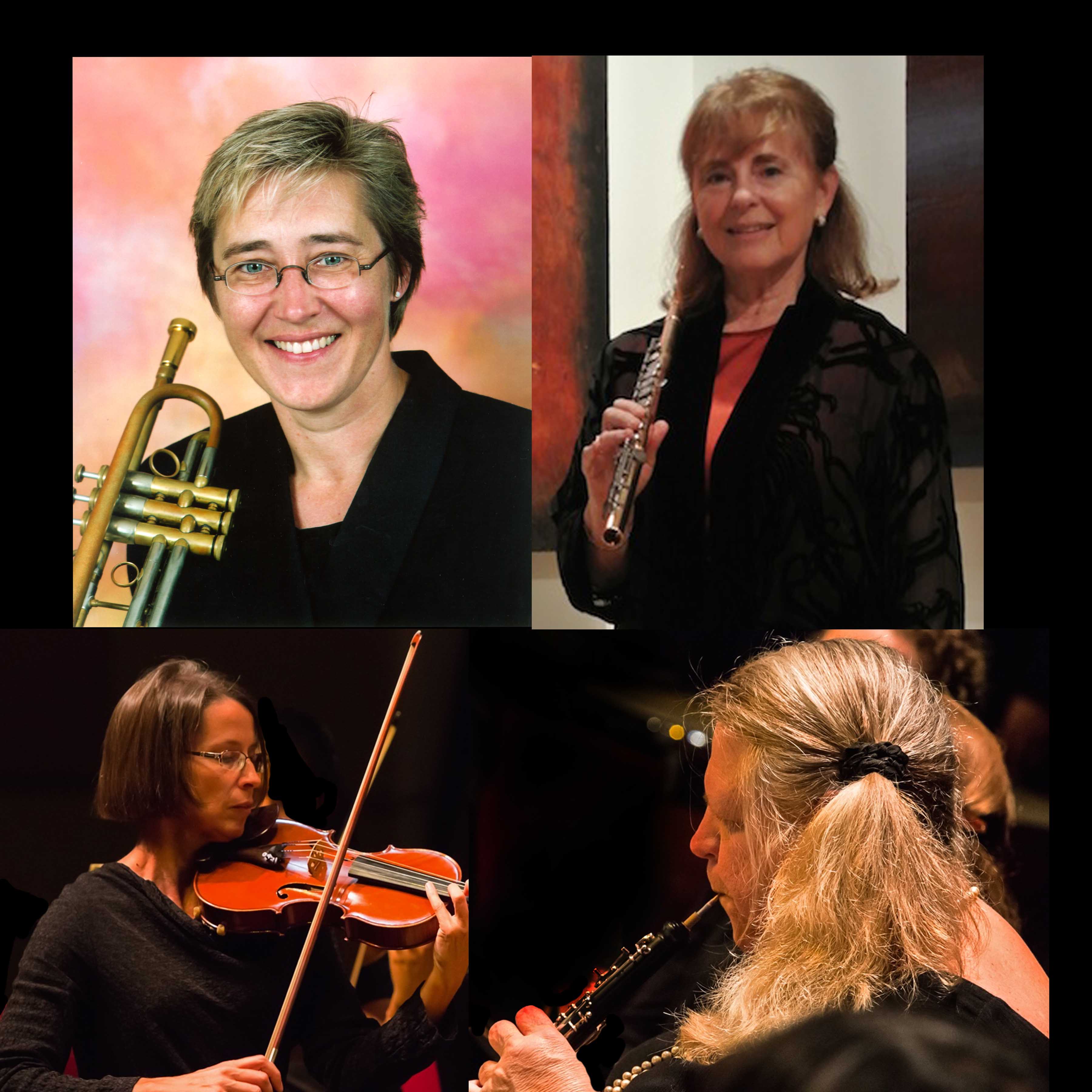 Soloists for Bach’s Brandenburg Concerto include, (left to right, top to bottom) Lynn Erickson, trumpet; Peggy Schecter, flute; Rona Landrigan, violin; and Jazlynn Woods, oboe. Photo credits: top left, Maui Chamber Orchestra; top right, Ron Schecter; both photos on bottom, Sun Dancer.