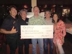 Dean Wong (Imua Family Services), Alan Wong (Alan Wong’s Restaurants), Bob Harrison (First Hawaiian Bank), Roy Yamaguchi (Roy’s Restaurants of Hawaii) and Denise Hayashi Yamaguchi (Hawaii Food and Wine Festival) pose with the donation check for Imua Family Services. Courtesy photo.