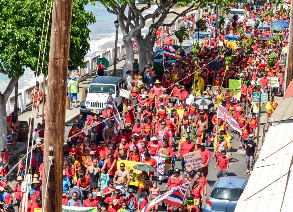Sunday's Aloha ʻĀina Unity March down Front Street in Lahaina. Organizers estimate 6,000 people attended the march and the rally that followed. Photo by Rodney S. Yap.