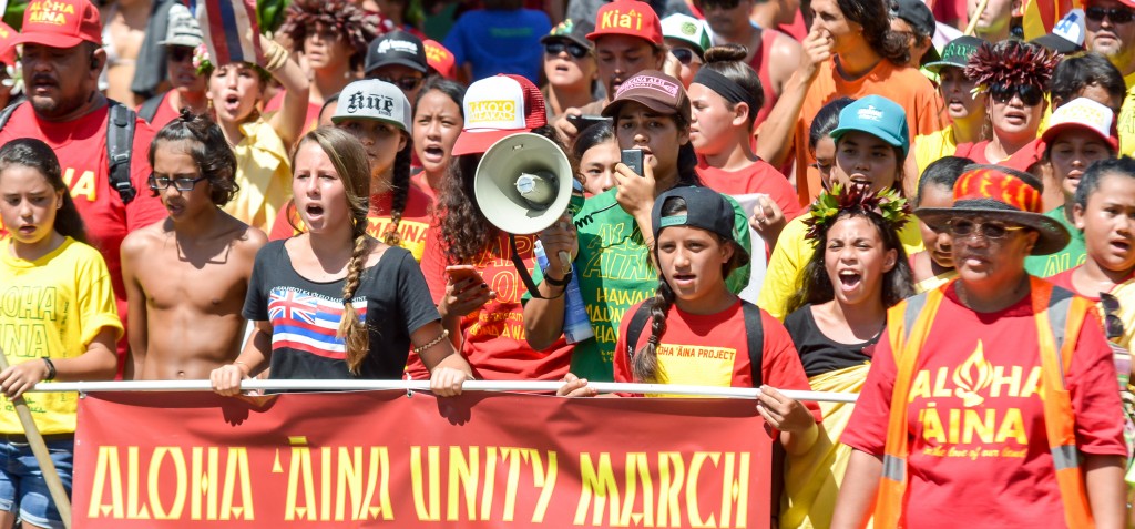Sunday's Aloha ʻĀina Unity March down Front Street in Lahaina. Organizers estimate 6,000 people attended the march and the rally that followed. Photo by Rodney S. Yap.