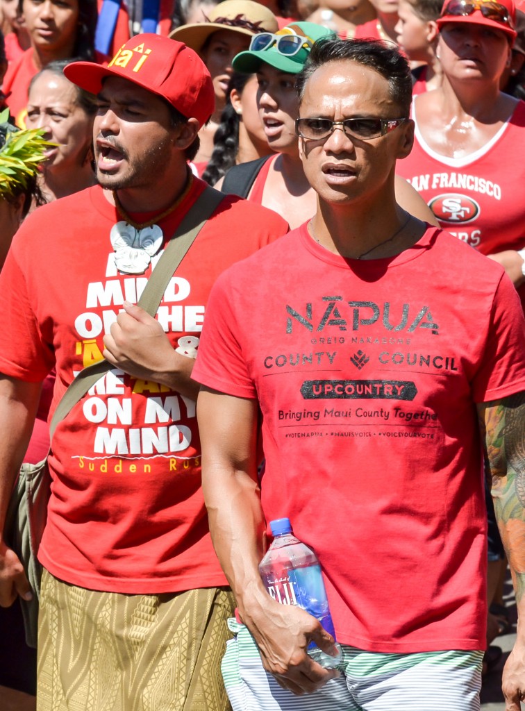 Sunday's Aloha ʻĀina Unity March down Front Street in Lahaina. Organizers estimate 6,000 people attended the march and the rally that followed. Photo by Rodney S. Yap.