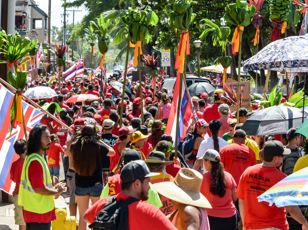 Sunday's Aloha ʻĀina Unity March down Front Street in Lahaina. Organizers estimate 6,000 people attended the march and the rally that followed. Photo by Rodney S. Yap.