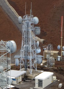 Haleakalā tower, located on Maui, is one of 15 tower sites that comprise the Anuenue digital microwave system throughout the Hawaiian chain. Anuenue is a collaborative partnership with the US Coast Guard and state of Hawaiʻi that replaced the aging analog microwave with a digital data transport system that supports official emergency communications requirements for state and federal agencies. (US Coast Guard courtesy photo/Released)