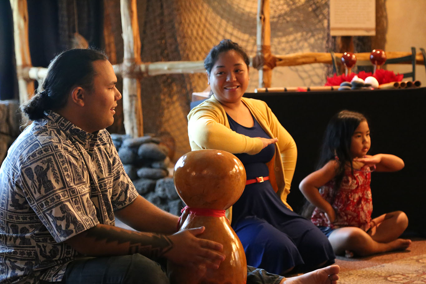 Hawaiian Cultural Advisor Kahu Dane Maxwell during his weekly talk story and hula session. Maui Ocean Center photo.