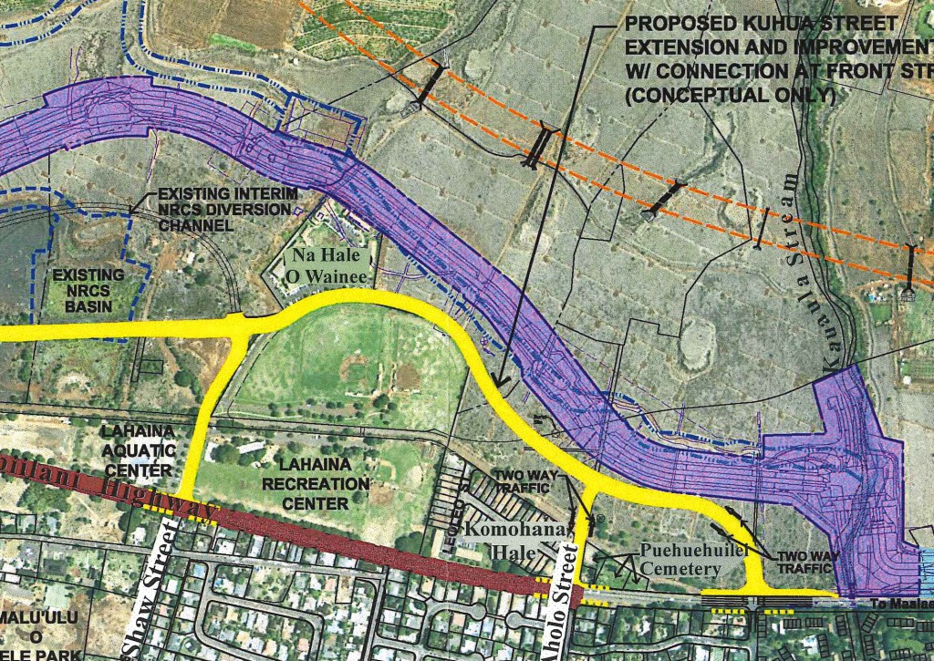 Proposed Kuhua Street Extension map showing south east terminus at the Honoapiilani Highway/Front Street Intersection. Image credit: Warren S Unemori Engineering, Inc. via Munekiyo Hiraga and Final Environmental Assessment prepared for the Maui Department of Public Works.