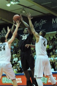 Vanderbilt's Damian Jones (30) tries to score Tuesday against the defensive pressure of Wake Forest. Photo by Joel B. Tamayo.