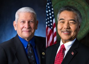 Senator Sam Slom (left); Governor David Ige (right).