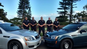Pictured from left to right are current members of MPD's DUI Task Force Unit: Officer Alvin Ota, Officer Kunal Chopra, Sergeant Nick Krau, Officer Aaron Mark, and Officer Jun Hattori. Drive Sober or Get Pulled Over, 2015. Photo credit: Maui Police.