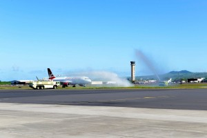Virgin America commenced service from San Francisco to Kahului, Maui. The inaugural flight included a "Spray of Aloha" and water blessing as the aircraft landed on Maui; a fresh flower lei greeting; and Made in Maui amenity bag; hula dancing and Hawaiian music. Photo credit: Maui Visitors and Convention Bureau Virgin America.