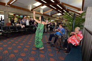 Virgin America commenced service from San Francisco to Kahului, Maui. The inaugural flight included a "Spray of Aloha" and water blessing as the aircraft landed on Maui; a fresh flower lei greeting; and Made in Maui amenity bag; hula dancing and Hawaiian music. Photo credit: Maui Visitors and Convention Bureau Virgin America.