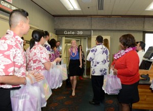 Virgin America commenced service from San Francisco to Kahului, Maui. The inaugural flight included a "Spray of Aloha" and water blessing as the aircraft landed on Maui; a fresh flower lei greeting; and Made in Maui amenity bag; hula dancing and Hawaiian music. Photo credit: Maui Visitors and Convention Bureau Virgin America.