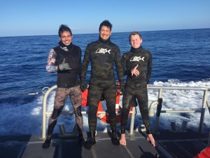 The Coast Guard rescues three missing divers near Penguin Bank, Molokai, Jan. 18, 2016. The divers were located at 4 p.m. six miles from their original location by a Coast Guard 45-foot Response Boat-Medium crew from Coast Guard Station Honolulu. (U.S. Coast Guard photo by Coast Guard Station Honolulu)
