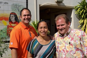 Pictured from left to right: Keola Rogan, Vice Principal Princess Nahi’ena’ena Elementary School; Kalele Kekauoha-Schultz, Princess Nahi’ena’ena Elementary School; John Brans, Duke’s Beach House Safety Manager. Courtesy photo.