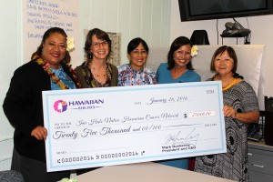 (Left to right) Kuata Ofoia, flight attendant and breast cancer survivor; Amanda Allison, ‘Imi Hale Native Hawaiian Cancer Center Network project specialist; JoAnn Tsark, ‘Imi Hale Native Hawaiian Cancer Center Network project director; Moana AhYuen Wheelon, flight attendant and breast cancer survivor; and Sharlene Chun-Lum, Papa Ola Lōkahi executive director. Hawaiian Airlines photo.