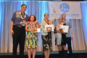 (Left to right) Mufi Hannemann, HLTA President & CEO; Heidi Michel-Bunyard, second place winner in the Outstanding Lodging Employee of the Year category; Emily Arcangel, first place winner for Outstanding Lodging Employee of the Year; Celena Burkhart, third place winner for Outstanding Lodging Employee of the Year; and Ben Rafter, HLTA chairperson. Photo courtesy HLTA.