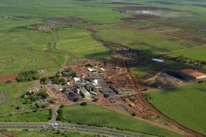 Alexander & Baldwin photo of HC&S Puunene mill and surrounding sugar fields.