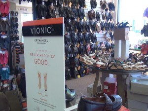 A wall of shoes at Island Feet, an orthopedic shoe store on Dairy Road. Photo by Kiaora Bohlool.