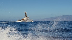 USCGC Kiska (WPB 1336) transits off Maui in the Hawaiian Islands Humpback Whale National Marine Sanctuary, Feb. 11, 2016, during Operation Kohola Guardian. Coast Guard members from Station Maui and the Kiska and officers from the Hawaii Department of Land and Natural Resources conducted safety and compliance boardings on recreational and commercial vessels to inform the public of the requirements to avoid coming too close to whales or impeding the whales’ path. (U.S. Coast Guard photo by Chief Petty Officer Sara Mooers/Released)