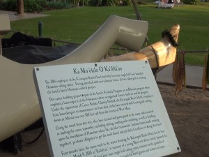 Explanation of canoe display at Kā‘anapali Beach Hotel. Photo by Kiaora Bohlool.