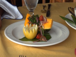 Fresh papaya with pohole fern and onion, part of the Hawaiian diet meal at KBH's Tiki Terrace restaurant. Photo by Kiaora Bohlool.