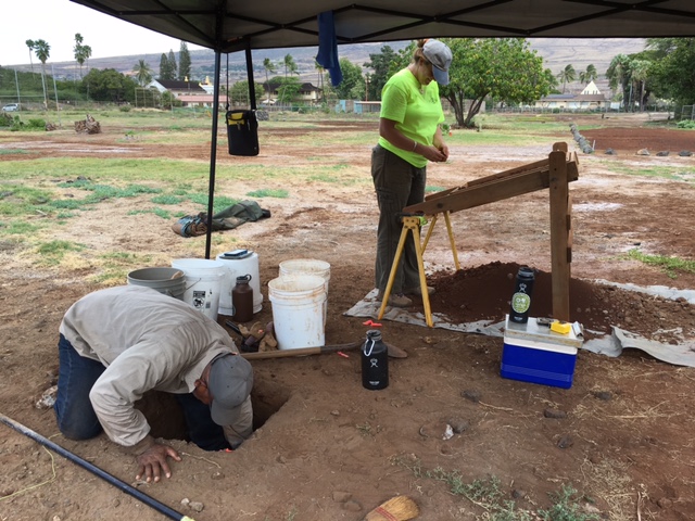 Archaeologists, Jonas Madeus, BA and Jennifer Frey, BA digging for pohaku and sifting fill. The archaeologists are now on site Monday - Friday between 8 a.m. and 4 p.m. Photo courtesy: Karee Carlucci via Friends of Mokuʻula. (3.21.16)