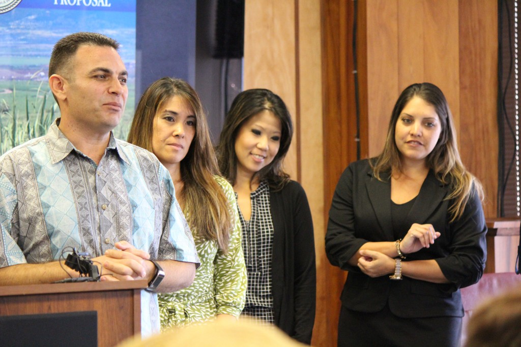 Budget Director Sandy Baz (left) accompanied by his budget team that includes: Marci Sato, senior budget specialist; Jennifer Okamura, budget specialist; Jennifer Phillips, budget specialist; Tina Silva, grants specialist, and Kristina Cabbat, financial system analyst. Photo (3.24.16) by Wendy Osher.