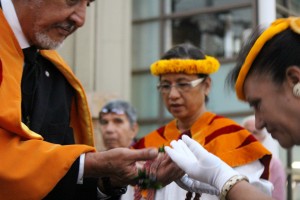 ʻAhahui Kaʻahumanu members celebrate the Queen's birthday with protocol assisted by the Royal Order of Kamehameha. Photo by Wendy Osher. (3.18.16)