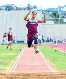 Baldwin's La'akea Kahoohanohano-Davis during the skip phase of his triple jump Friday at Yamamoto Track & Field Facility. Kahoohanohano-Davis set a new school record of 46 feet, 8 inches. Photo by Rodney S. Yap.