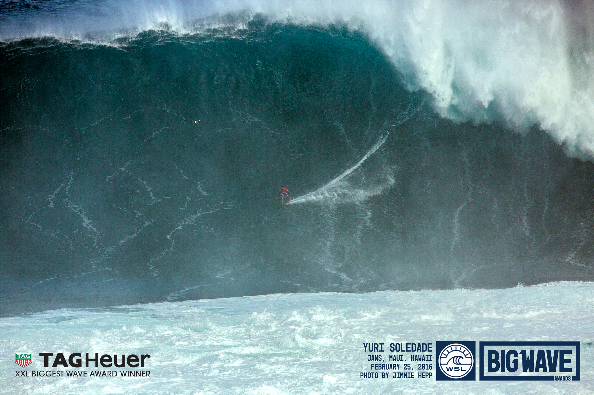 Yuri Soledade on the wave that won him the TAG Heuer XXL Biggest Wave Award at at Jaws, Maui, Hawaii on February 25, 2016. Photo: WSL/JimmyHepp