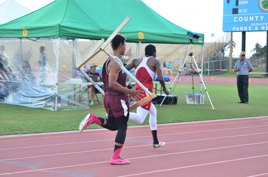This 11-shot sequence by photographer Glen Pascual shows Baldwin High School's La'akea Kahoohanohano-Davis' attempt to push down the last hurdle in the 110-meter high hurdle race Saturday in the finals of the Victorino Ohana Invitational. But instead of going to the ground, the hurdle bounces back up and wraps itself around Kahoohanohano-Davis as he tries to finish the race. Photo by Glen Pascual.