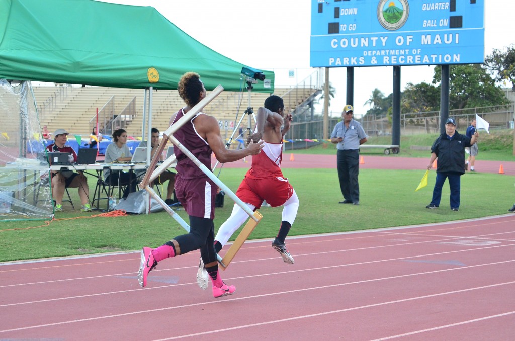 This 11-shot sequence by photographer Glen Pascual shows Baldwin High School's La'akea Kahoohanohano-Davis' attempt to push down the last hurdle in the 110-meter high hurdle race Saturday in the finals of the Victorino Ohana Invitational. But instead of going to the ground, the hurdle bounces back up and wraps itself around Kahoohanohano-Davis as he tries to finish the race. Photo by Glen Pascual.
